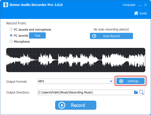 fare clic per impostare le impostazioni di registrazione in renee audio recorder pro