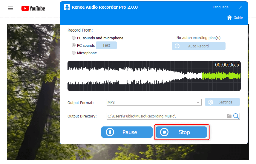 interrompere la registrazione dei suoni di youtube in renee audio recorder pro