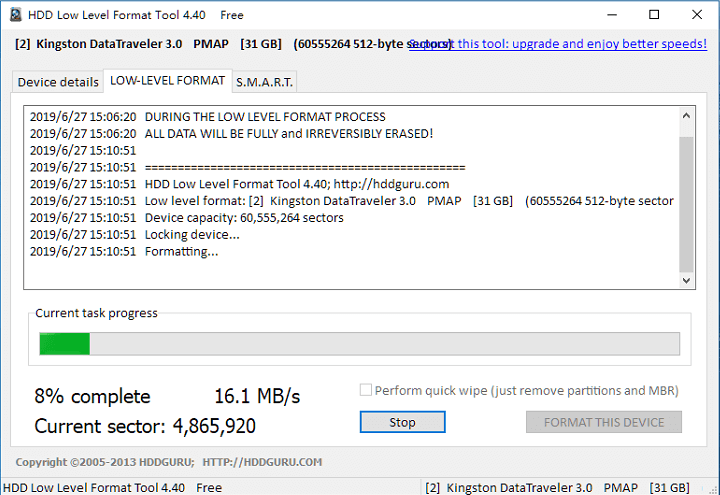 attendere la formattazione nello strumento di formattazione a basso livello del disco rigido