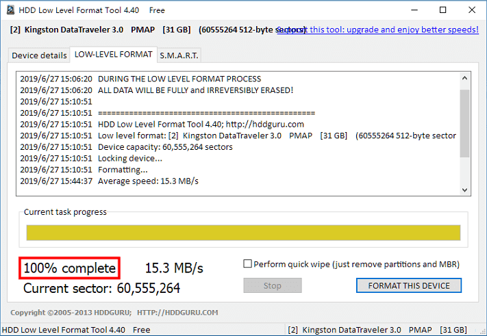 terminare la formattazione di basso livello del disco rigido con uno strumento