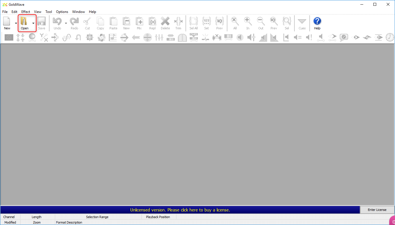 fare clic su Apri per selezionare il file in goldwave