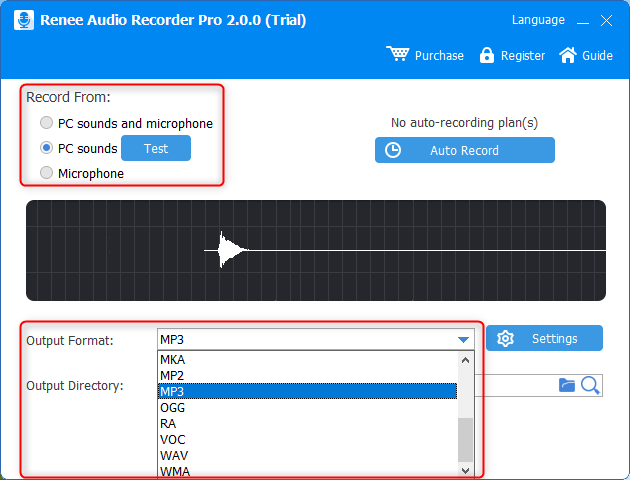 selezionare i formati di output e la cartella di output in renee audio recorder pro
