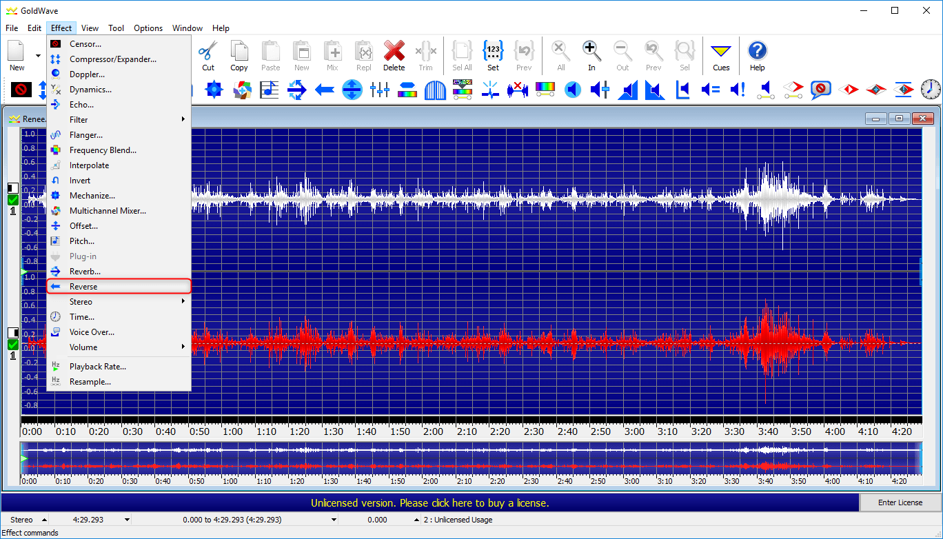 invertire la canzone nel menu degli effetti di goldwave