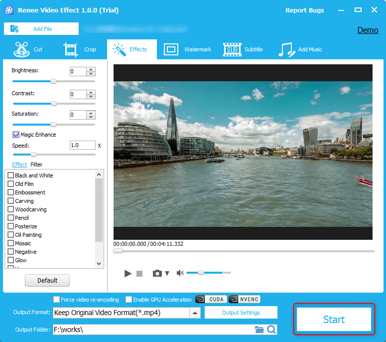 fare clic su start per salvare il video migliorato in renee video editor