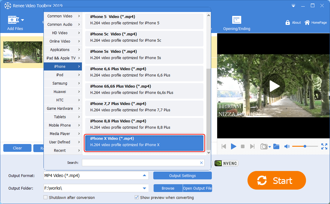 selezionare un formato di uscita per iphone x in renee video editor pro per convertire video mp4