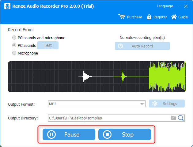 fare clic per interrompere la registrazione di audio in renee audio recorder