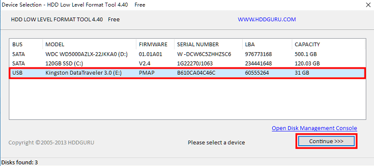 Selezionate l'unità disco rigido di destinazione nello strumento di formattazione a basso livello di hdd