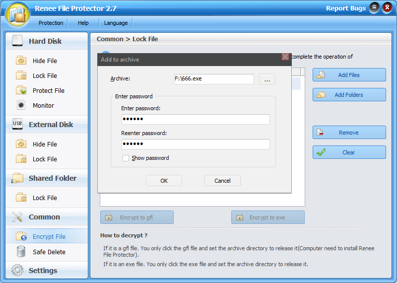 impostare la posizione del file e la password per il file zip exe crittografato in renee file protector