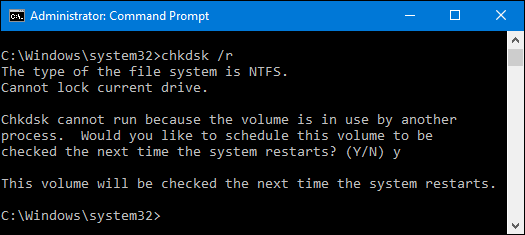 premere invio per eseguire chkdsk r per correggere gli errori