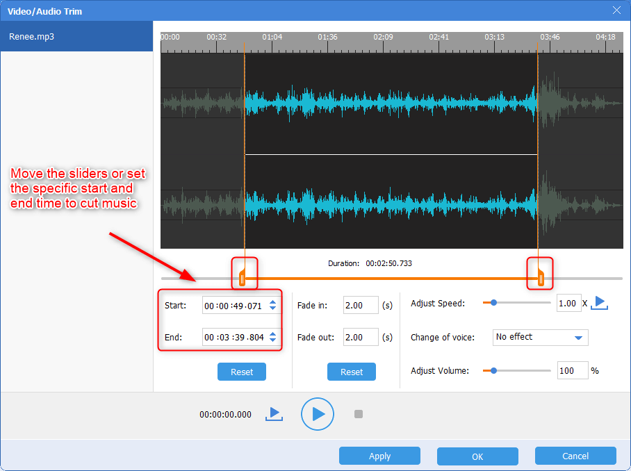 utilizzare la funzione convertitore audio di renee per tagliare la musica