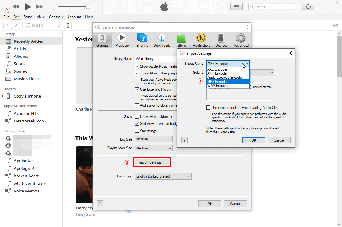 Andare nelle impostazioni di importazione di iTunes per selezionare il codificatore mp3.