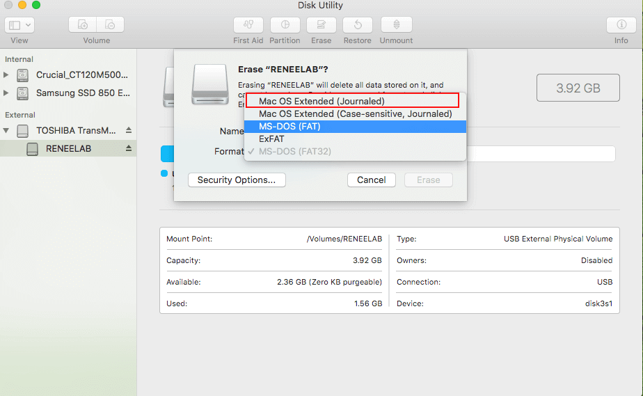 Crittografare l'unità USB in Mac OS cancellare il disco e cambiare il nuovo formato in mac