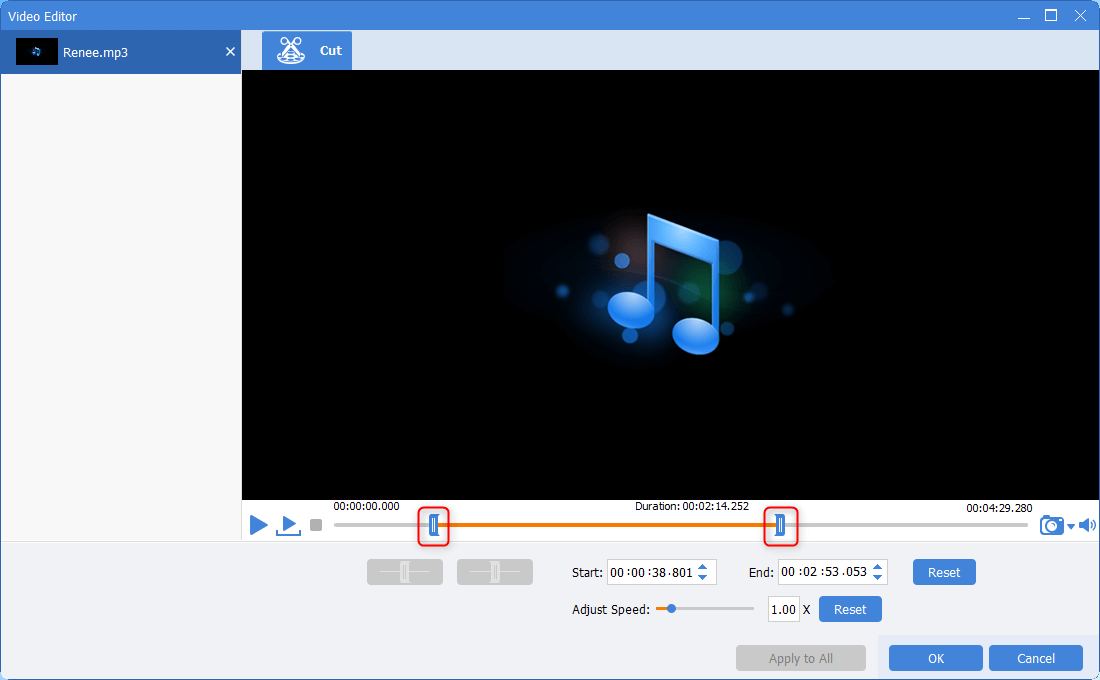 spostare i cursori per tagliare gli mp3 in renee video editor pro