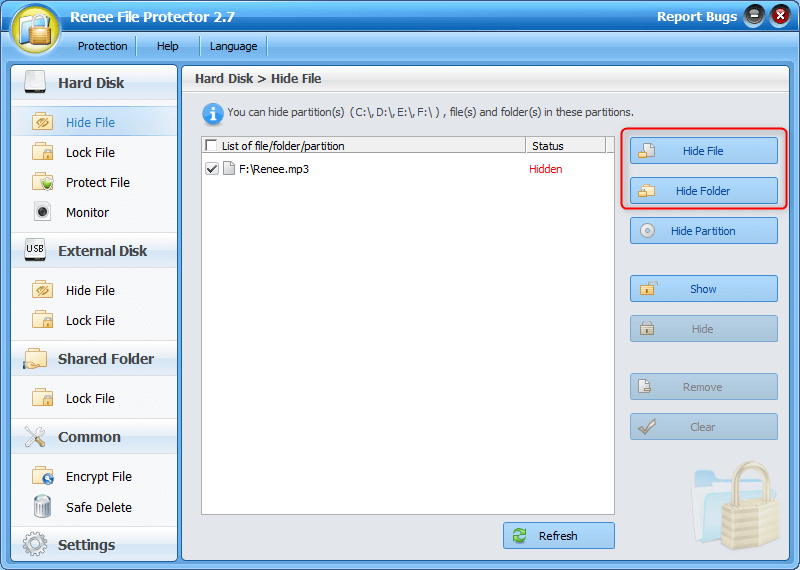 Selezionate i file o le cartelle da nascondere in renee file protector per prevenire lo spyware mobile.