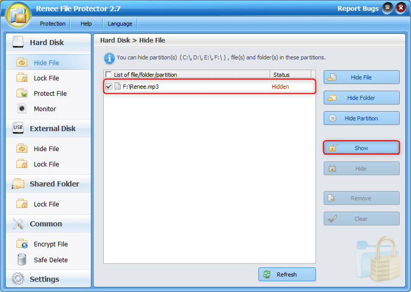 fare clic per mostrare il file o la cartella nascosta in File Protector