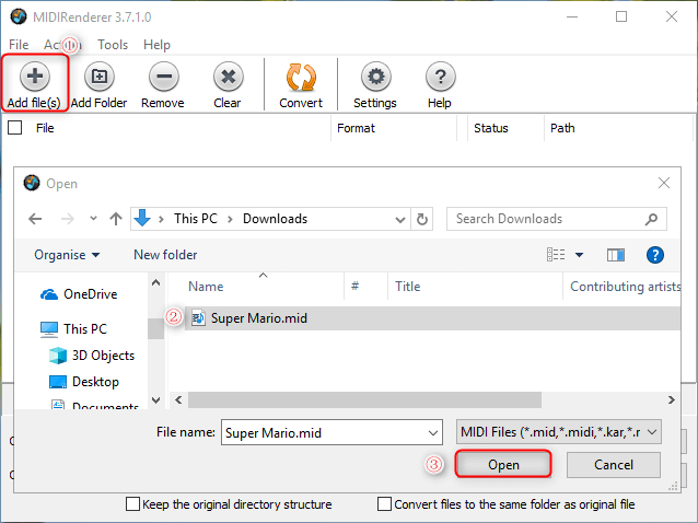 selezionare il file di destinazione e aggiungerlo a midirenderer