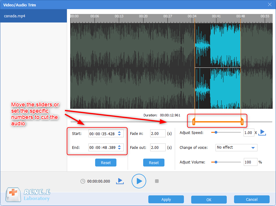 tagliare la parte audio di un video mp4 in renee audio tools