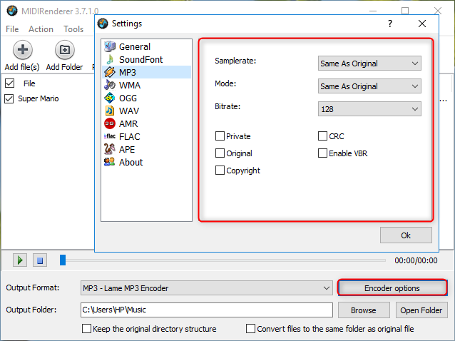 controllare le opzioni dell'opzione encoder in midirenderer