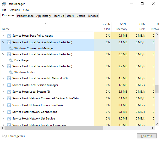 termina l'attività nella voce svchost.exe servizio host: sistema locale (rete limitata)