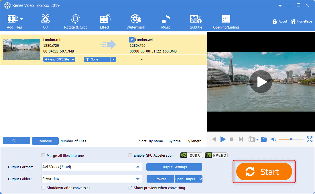fare clic per produrre il file mts tagliato in renee video editor pro