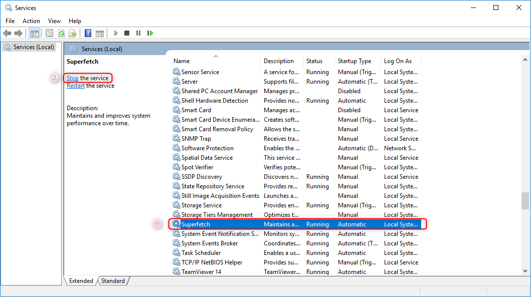 interrompere superfetch nei servizi per risolvere l'errore svchost.exe service host: local system (network restricted)