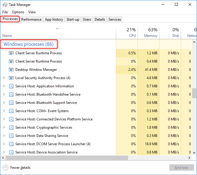 nvitare i processi di Windows nel task manager