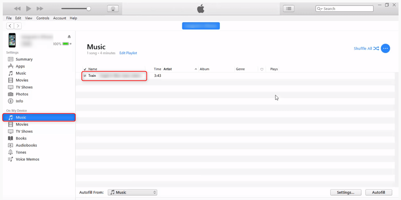 mostrare la musica trasferita su itunes
