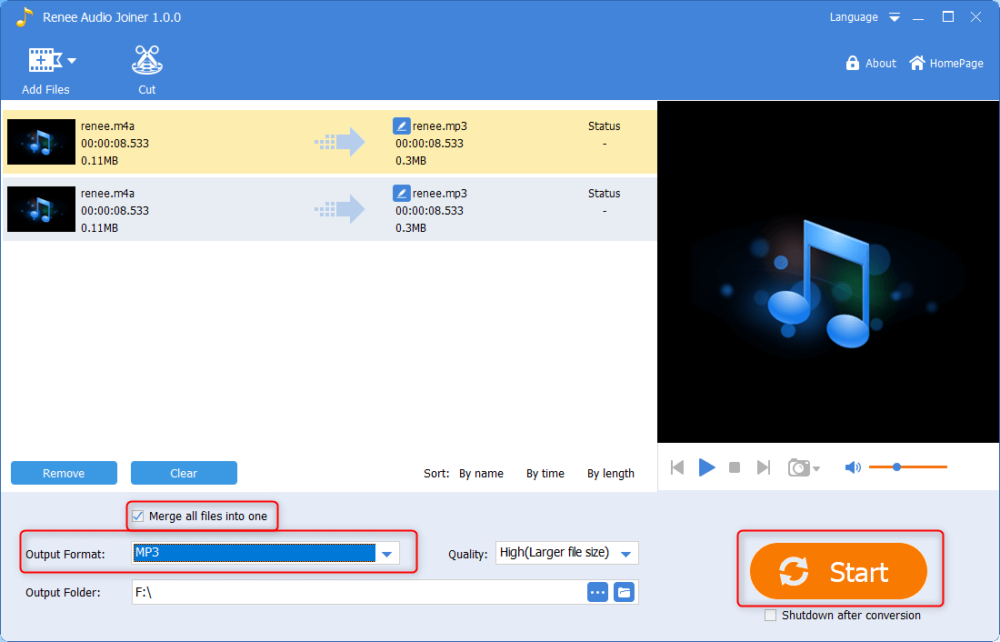 combinare i file m4a e produrre mp3 con renee audio joiner