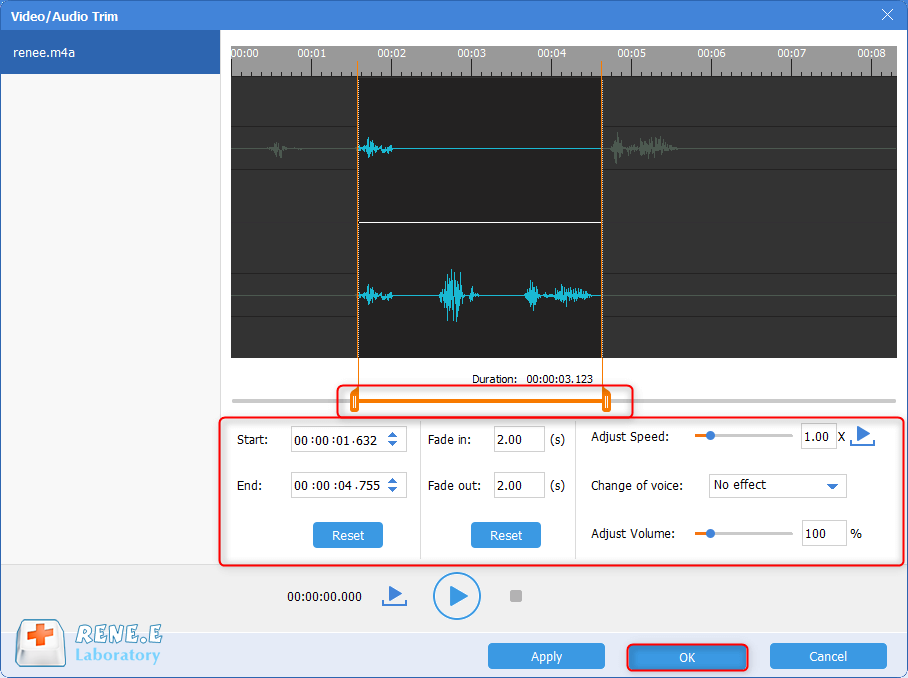 tagliare file m4a con gli strumenti audio di renee