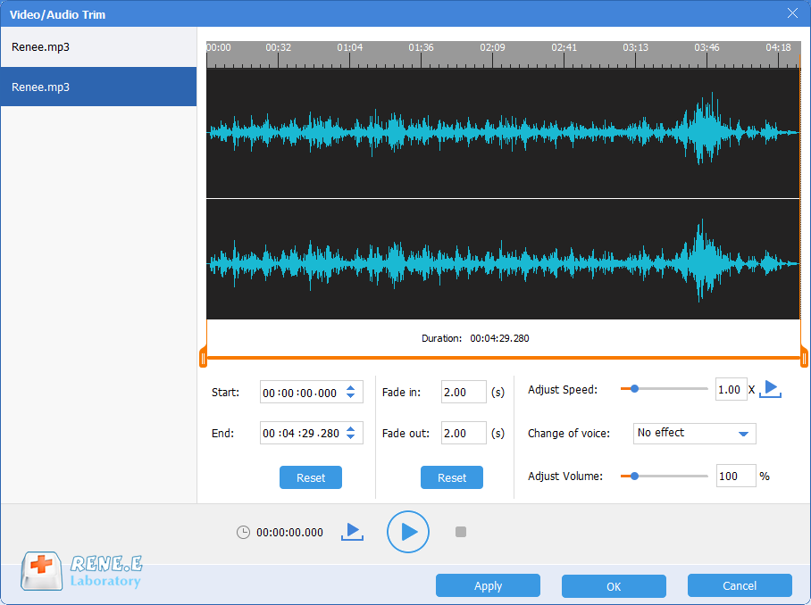 come tagliare file audio e musica con gli strumenti audio di renee