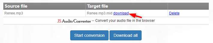 scaricare il file dopo la conversione da mp3 a midi in bearaudio