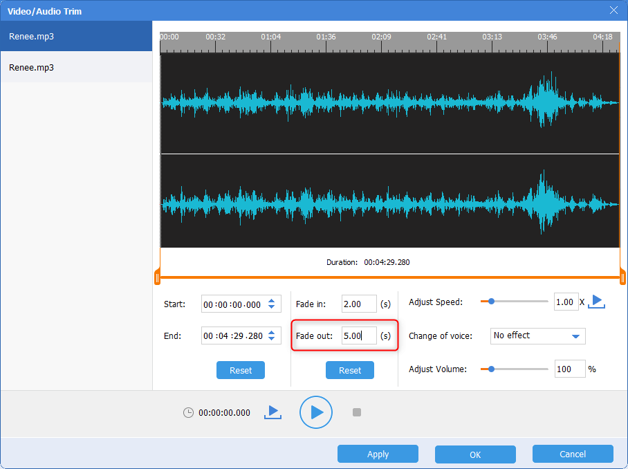 aggiungere l'effetto fade out alla prima canzone con gli strumenti audio di Renee