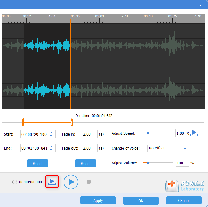 ascoltare la parte dopo che è stata tagliata in renee audio tools