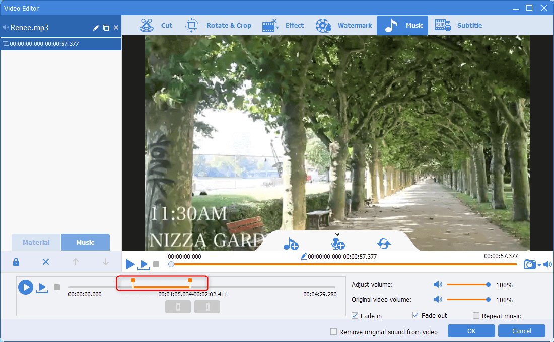 selezionare la posizione per aggiungere la musica di sottofondo in renee video editor por