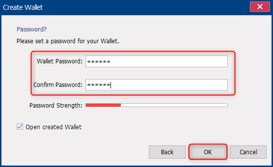 impostare e confermare la password per il portafoglio in renee secure silo