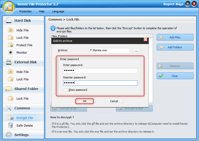 impostare una password per crittografare il file in renee file protector