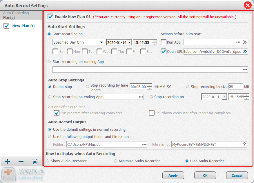 impostare la registrazione automatica in renee audio recorder pro