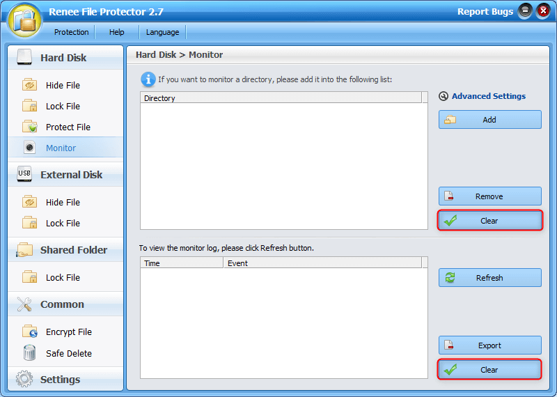 eliminare i record del monitor da renee file protector