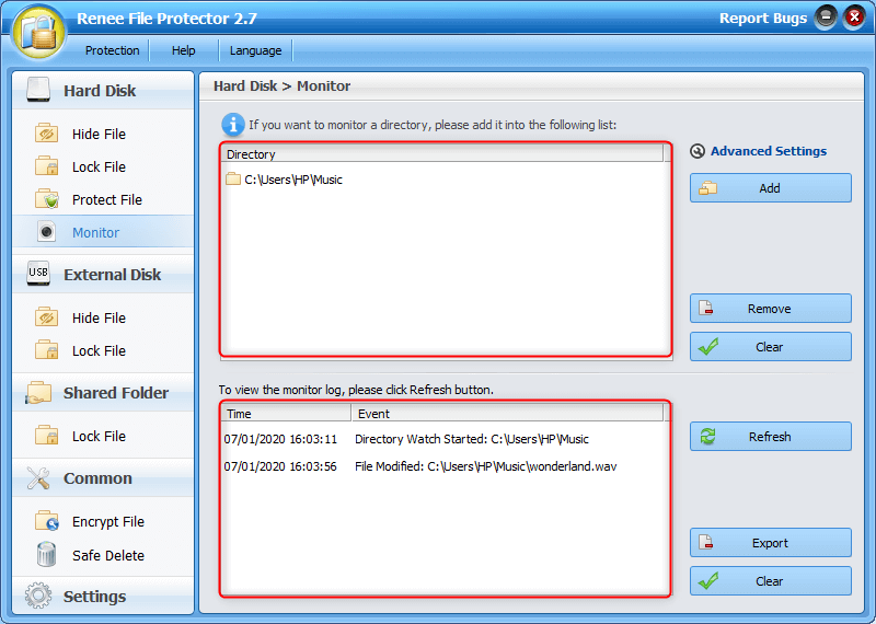 controllare i registri di monitoraggio in renee file protector