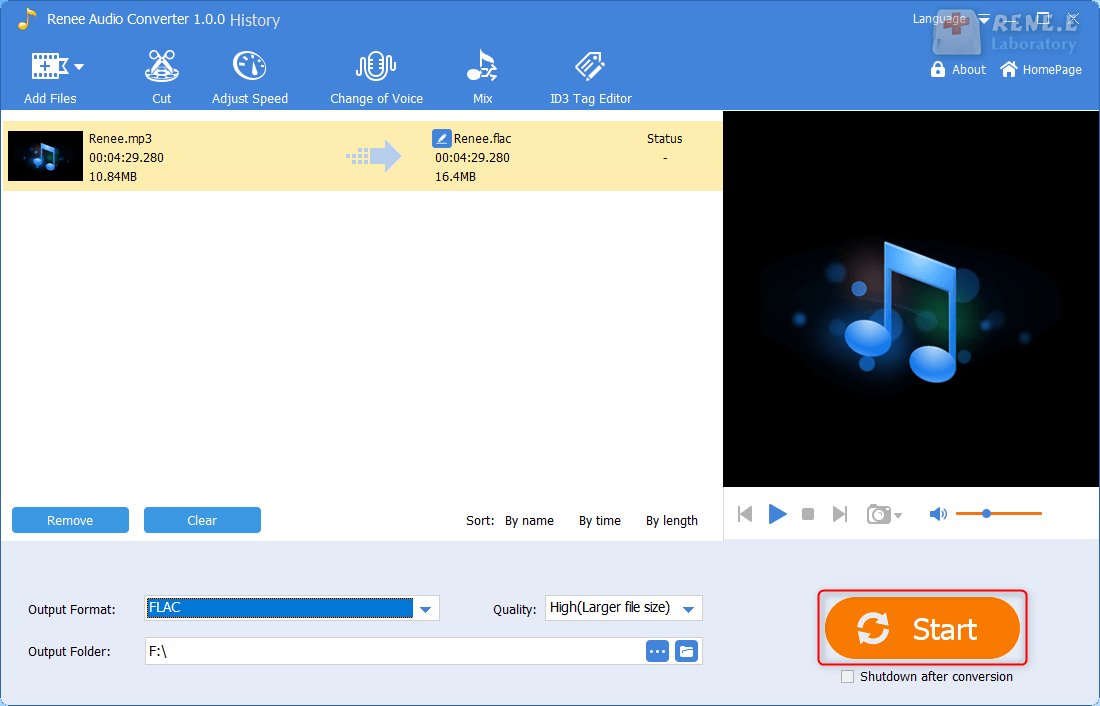 convertire mp3 in flac in renee audio converter