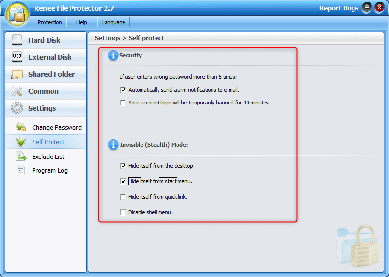 controllare le opzioni di autoprotezione di renee file protector