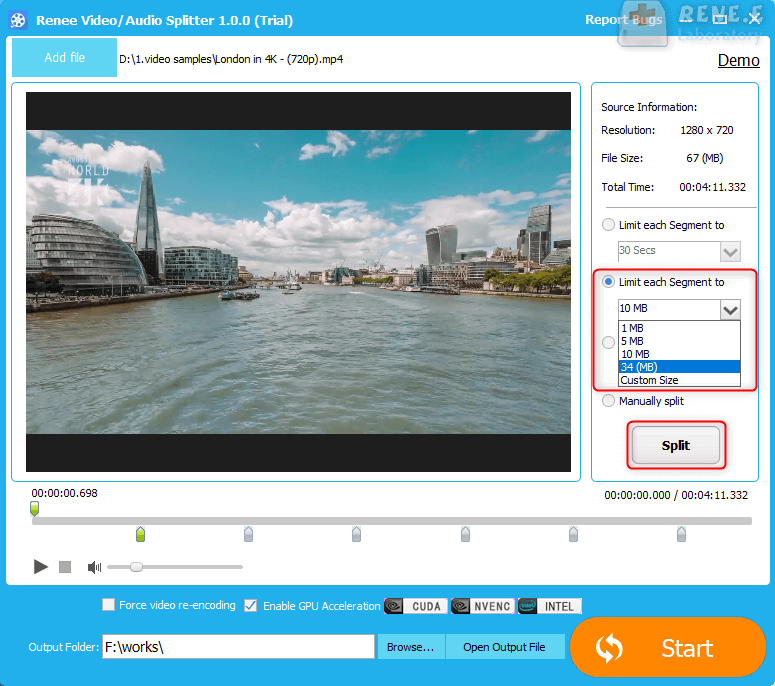 Utilizzate renee video trimmer per dividere i video in base alle dimensioni