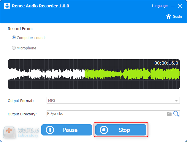 interrompere la registrazione dei suoni in renee audio tools