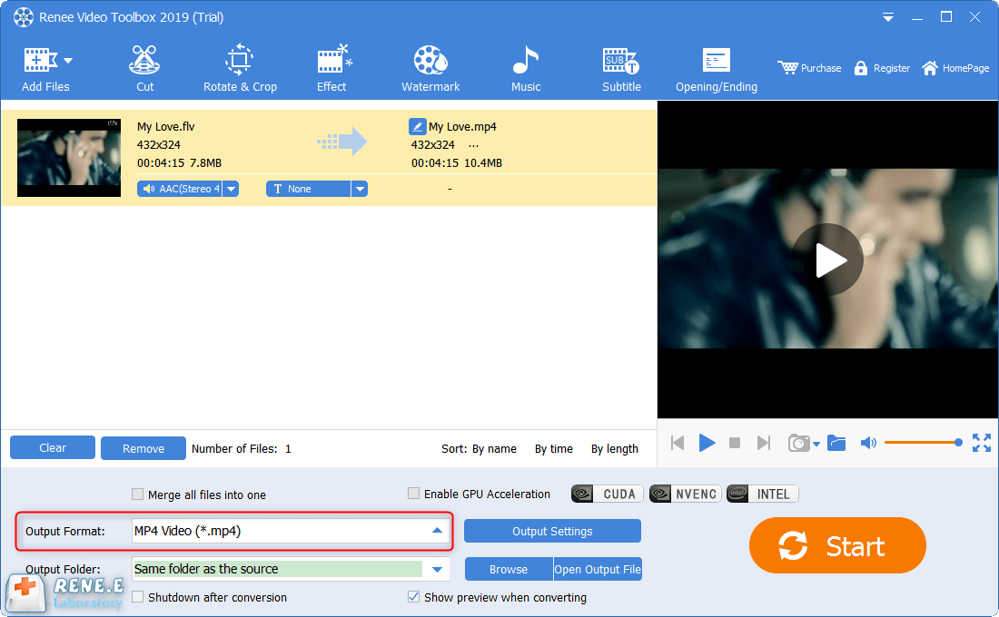 selezionare il formato di uscita mp4