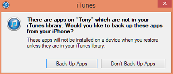 selezionare di non eseguire il backup delle app in itunes