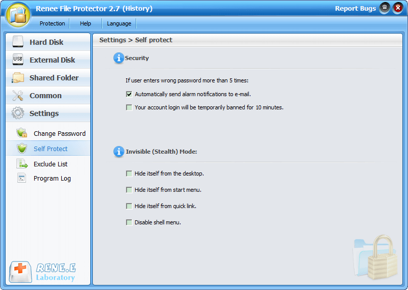 impostazioni di autoprotezione in Renee File Protector
