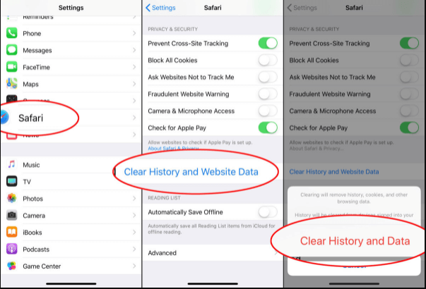 cancellare la cronologia e i dati dal sito web safari in iphone