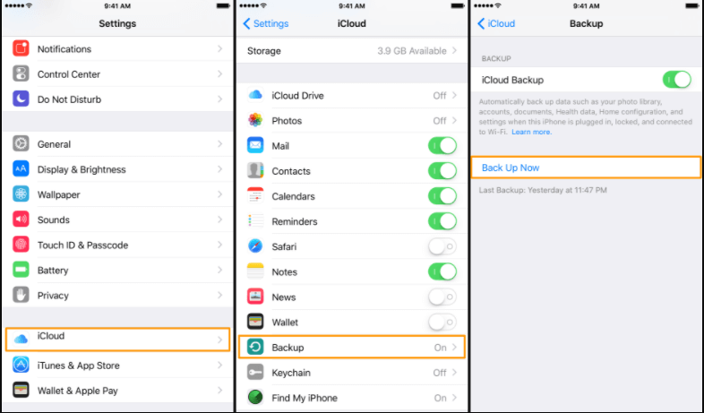 selezionare per eseguire il backup di iphone ora su icloud