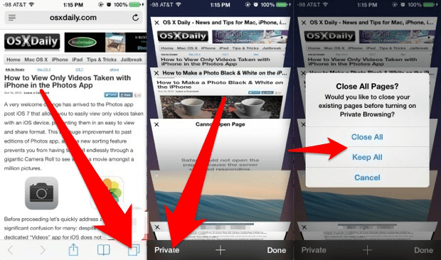 abilitare la modalità privata di safari su iphone