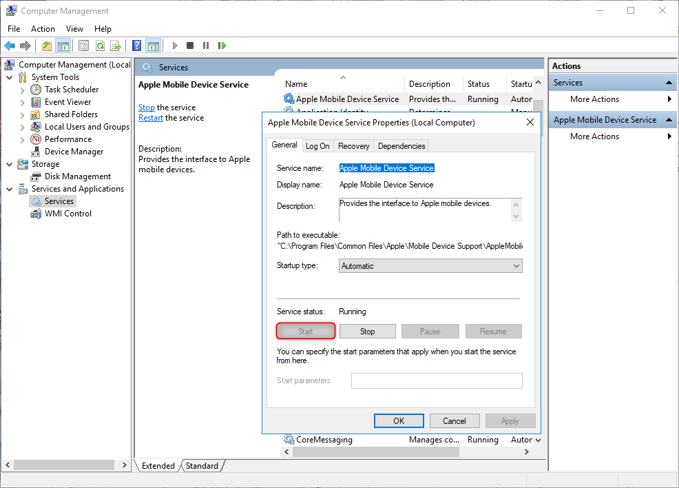 avviare i servizi per dispositivi mobili apple nella gestione del computer